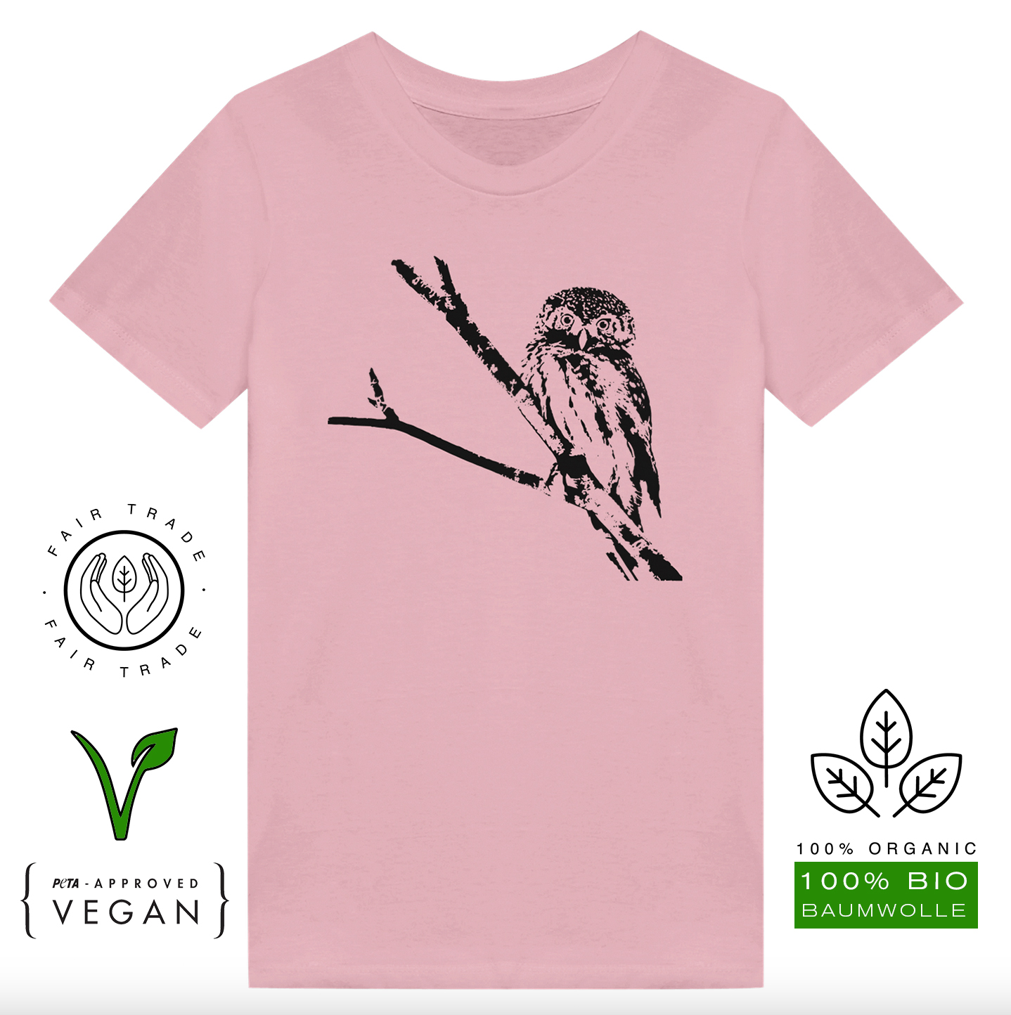 Kinder T-Shirt (Bio-Baumwolle, vegan) Eule rosa