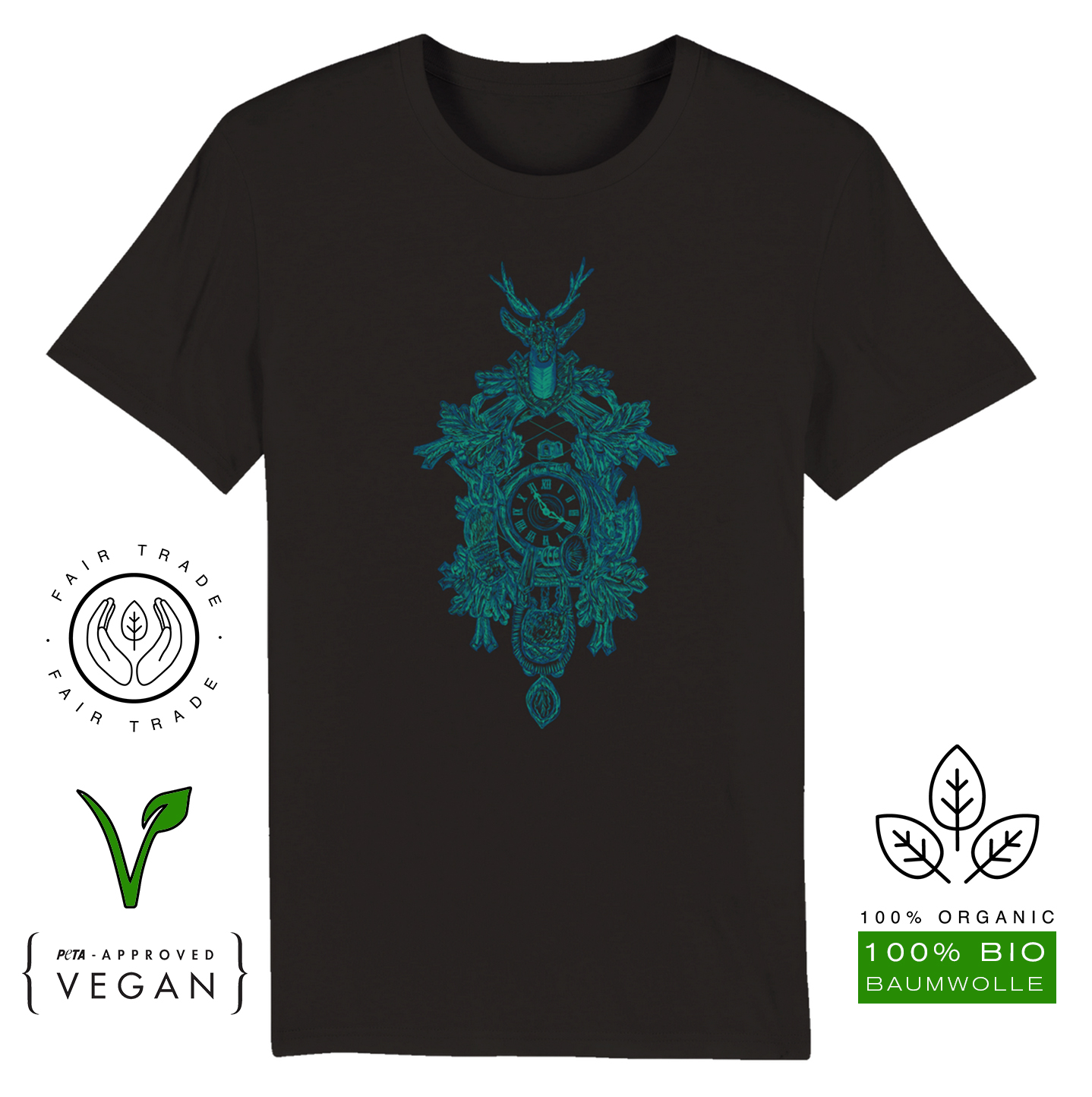T-Shirt (Bio-Baumwolle, vegan) Kuckuck blau/schwarz