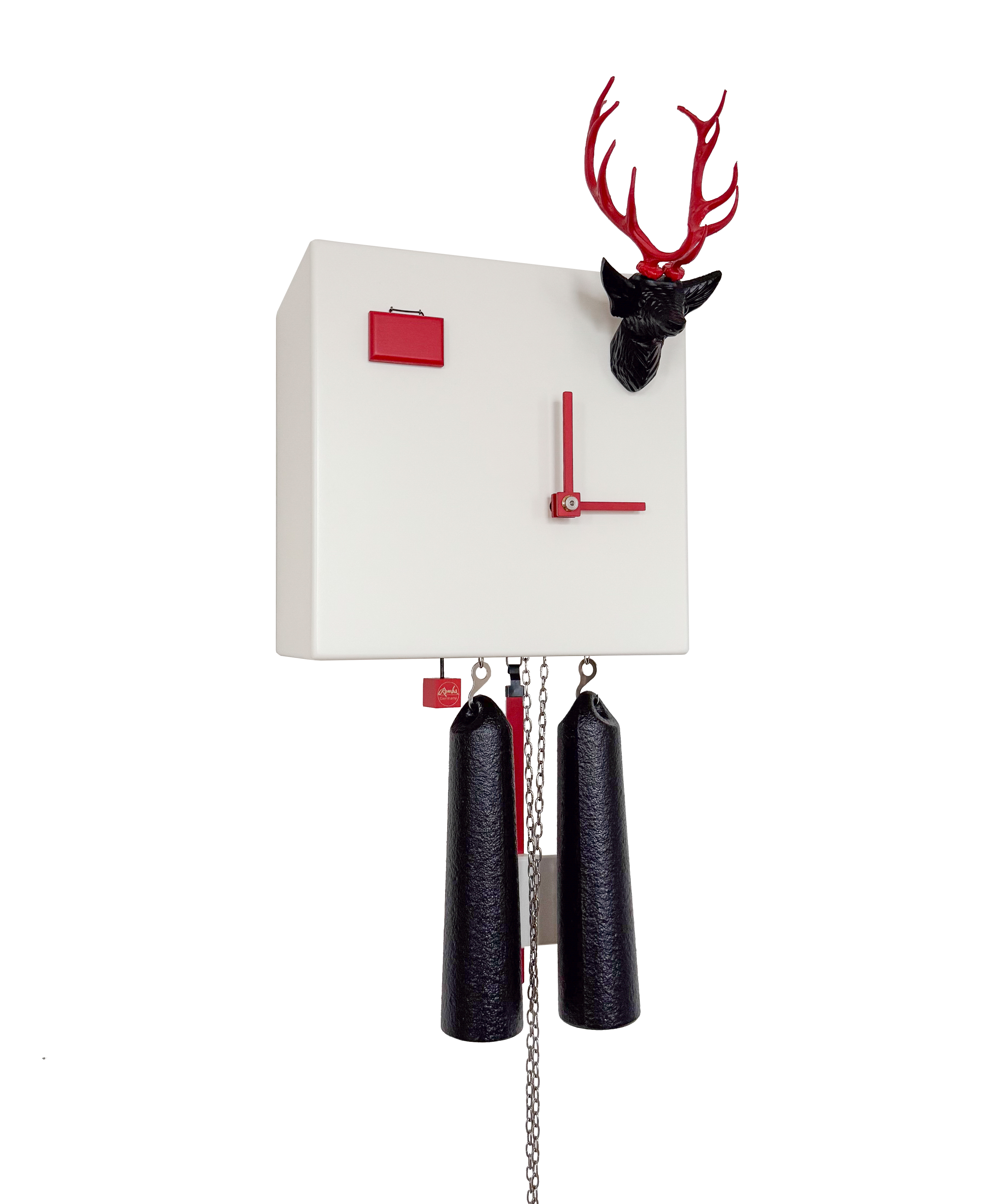 KUBUS - Design Kuckucksuhr (weiß) mit Hirschkopf Rombach & Haas