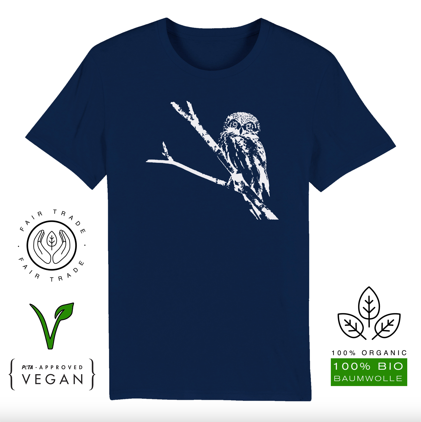 T-Shirt (Bio-Baumwolle, vegan) Eule blau