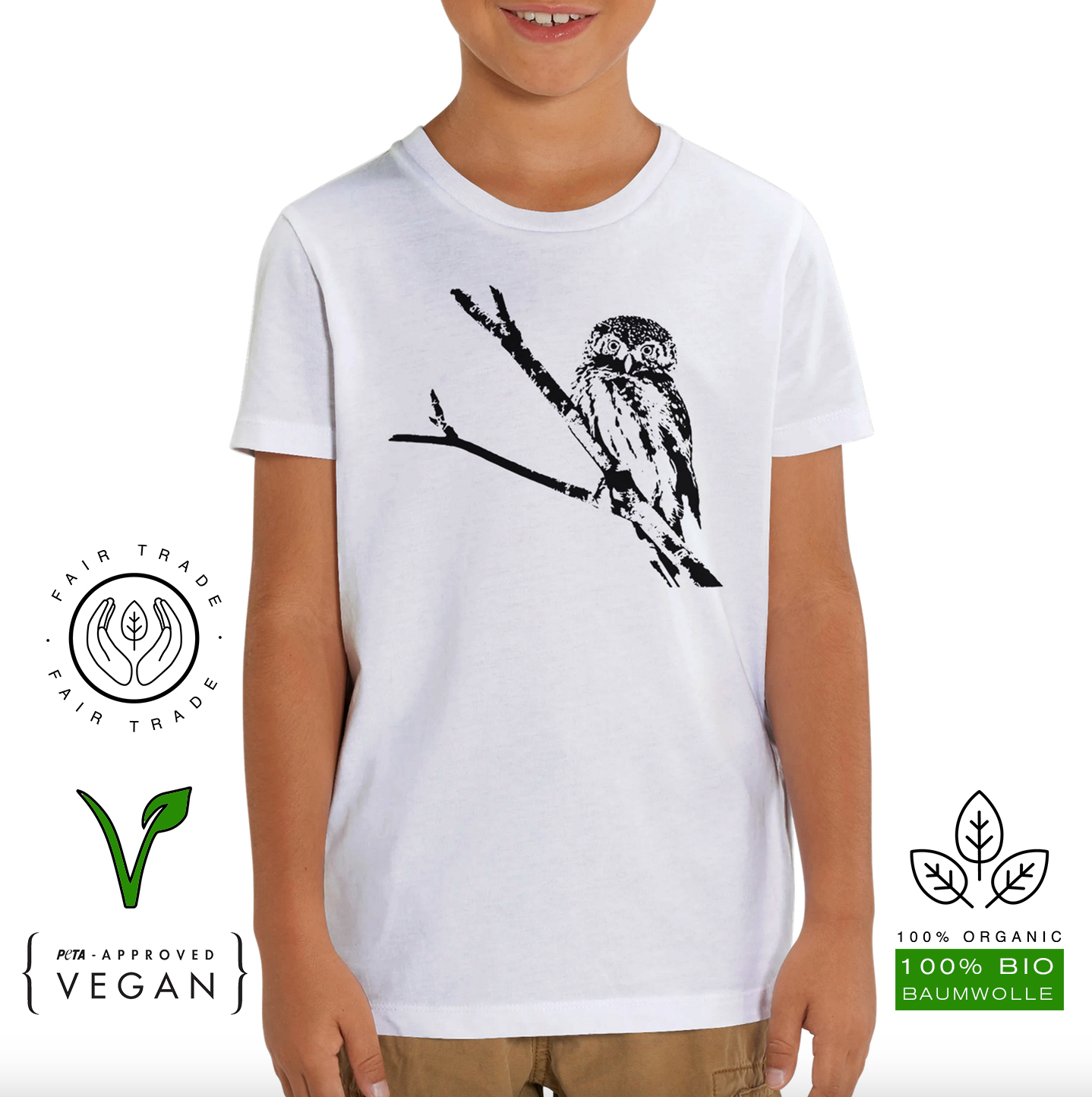 Kinder T-Shirt (Bio-Baumwolle, vegan) Eule weiß